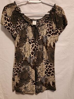 Carol Rose Brown & Green Paisley & Leopard Print Peasant Top